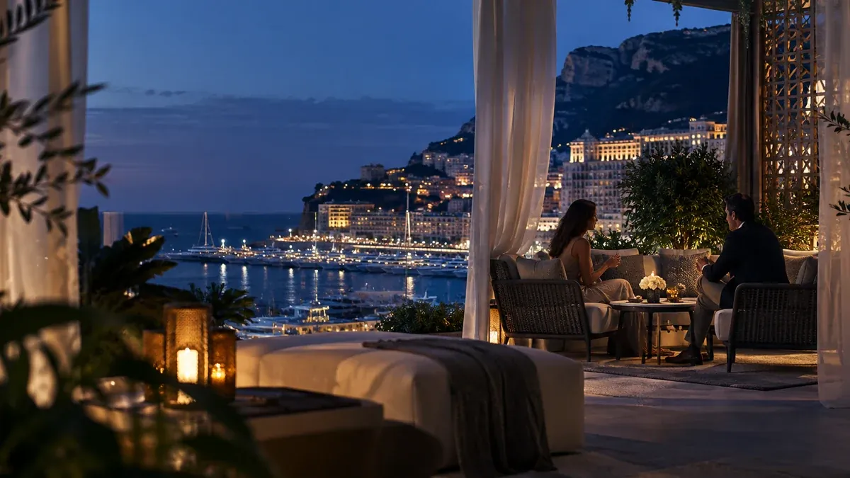 Private conversation on a secluded Monaco terrace at blue hour