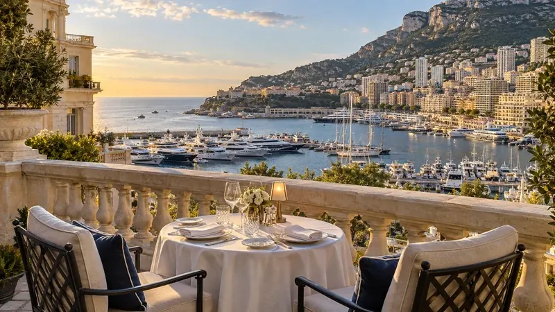 Refined Monte Carlo terrace overlooking Port Hercule in clear golden-hour light
