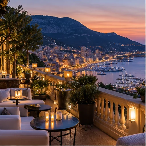 Refined Monte Carlo terrace overlooking the harbour at dusk