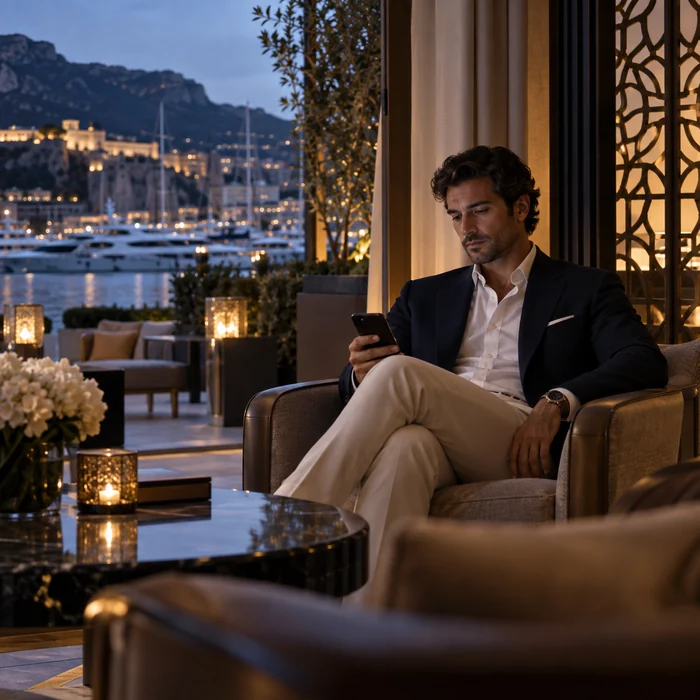 Member reviewing a phone privately in a quiet Monaco lounge