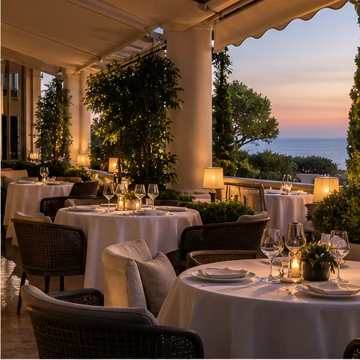Quiet private terrace dining room overlooking the Mediterranean